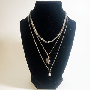 3 Tier Layer Necklace Semiprecious Stone, Cubic Zirconia Charms Gold Tone NWT